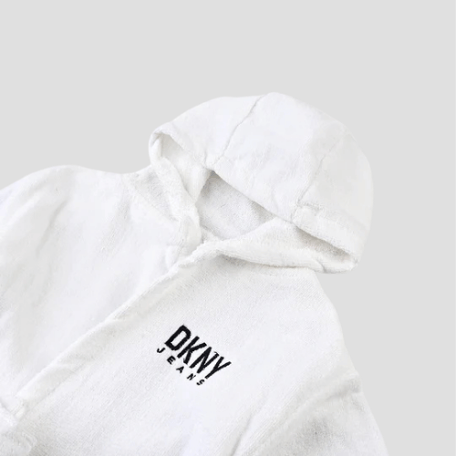 DKNY Kids White Embroidered Bathrobe – Soft 100% Terry Cotton, Cozy Hood, 3–24 Months, Overstock/Unused