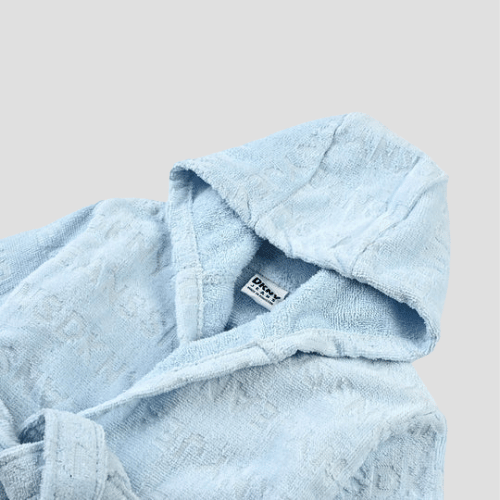 DKNY Kids Bathrobe in Blue Jacquard – Comfortable & Trendy, 100% Terry Cotton, Cozy Hood, 3–24 Months, Overstock/Unused